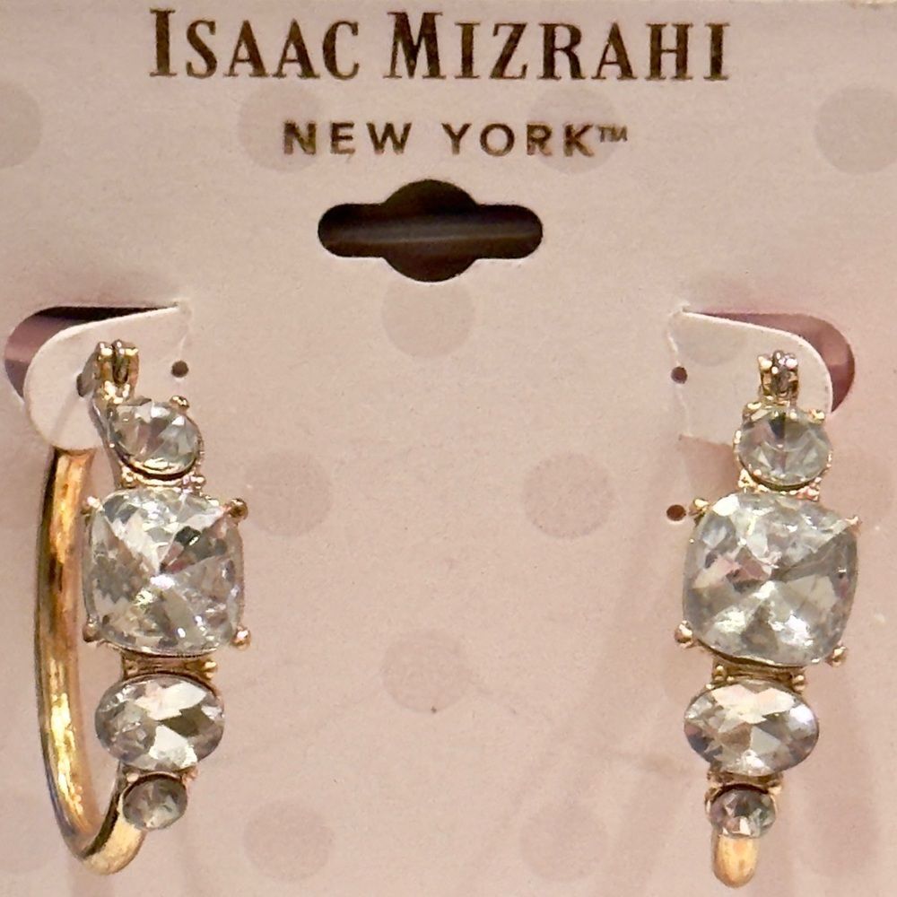 NWT Isaac Mizrahi Gold Tone Clear Crystal Pave Huggie Hoop Earrings 1"
